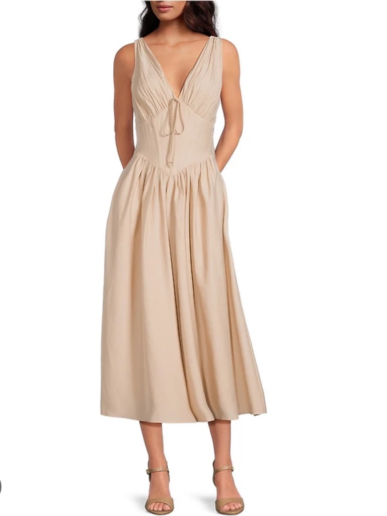 Gianni Bini Ulla Drop Waist Midi Dress Sz 10 Beige V-Neck Sleeveless A-Line Nwt